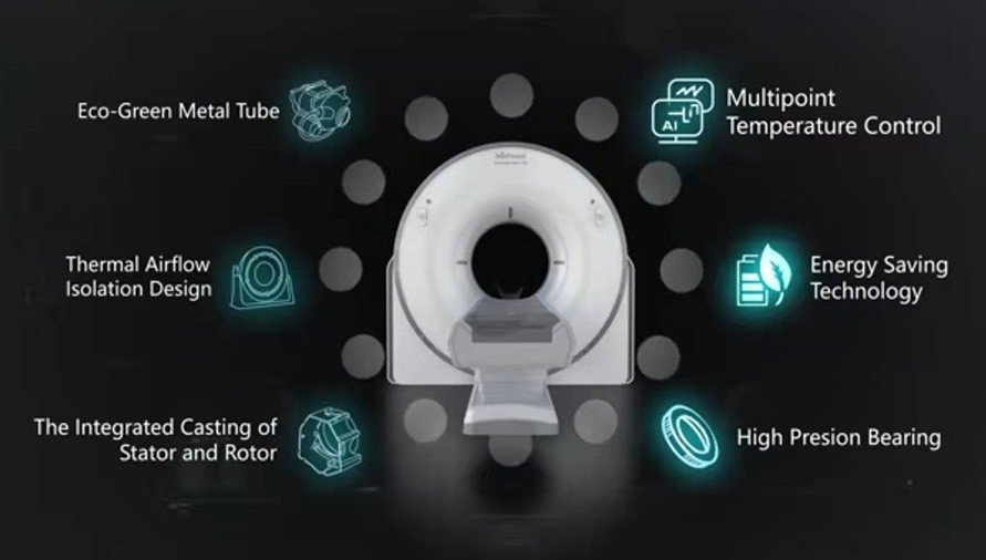 Características técnicas del tomógrafo Mindfound, incluyendo tubo metálico ecoeficiente, control de temperatura multipunto, ahorro energético y diseño térmico optimizado.